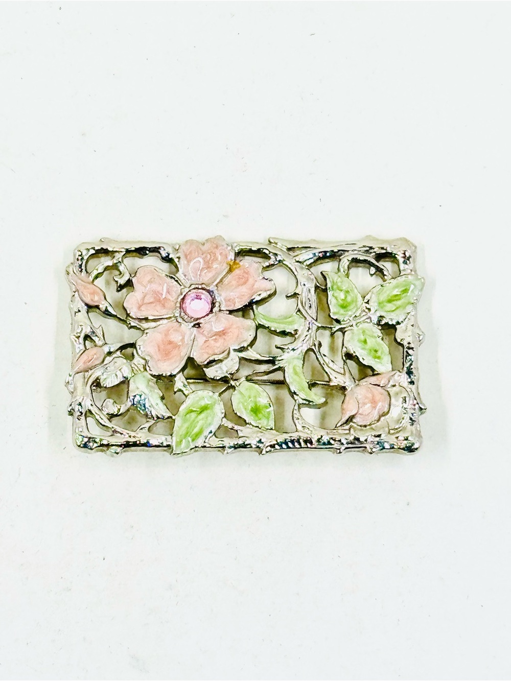 1928 Pink and Green Floral Enamel Filigree Brooch